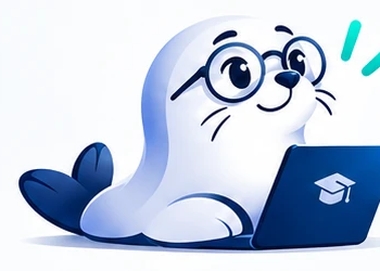 Foca, o mascote, estudando no notebook